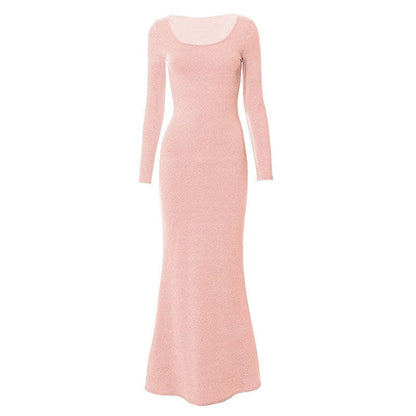 Solid long sleeve round neck mermaid hem maxi dress