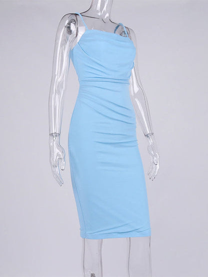 Mesh Pleated Backless Suspender Boning Corset Midi Dress