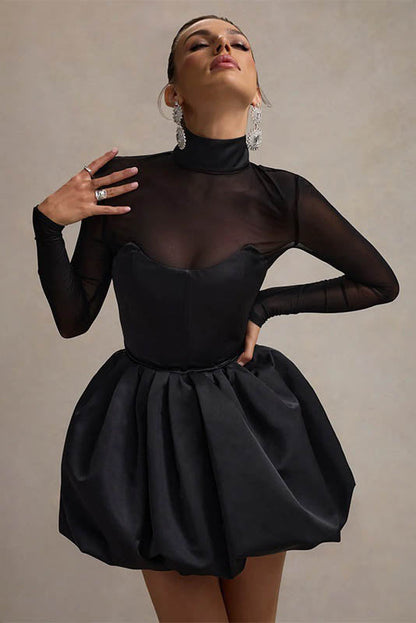 Winter Elegant Mesh Sheer Slim Fit Puff Mini Dress