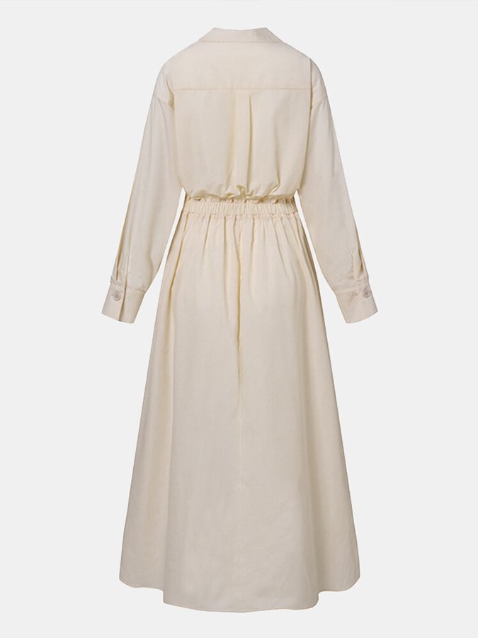 Deep V Collar Long Sleeve Pleated Pocket Midi Shirt Dress