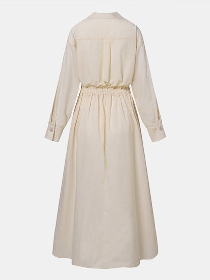 Deep V Collar Long Sleeve Pleated Pocket Midi Shirt Dress