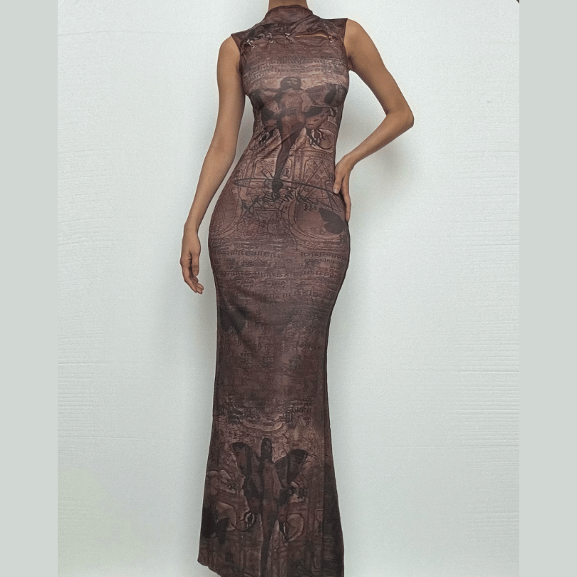 Abstract print hollow out stitch sleeveless cut out midi dress