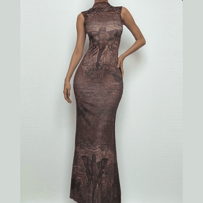 Abstract print hollow out stitch sleeveless cut out midi dress