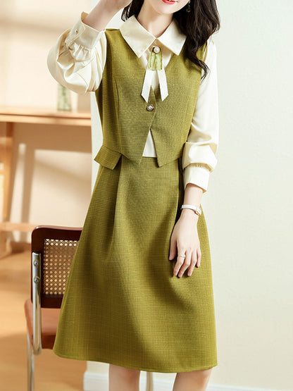 Taylor Elegant Color Blocked Bow Tie Shirt Dress