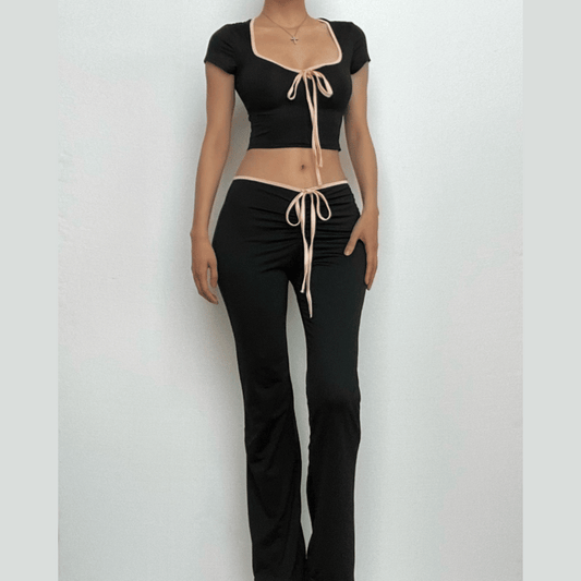 Contrast self tie v neck short sleeve low rise pant set