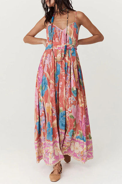 V Neck Spaghetti Strap Backless Floral Print Maxi Vacation Dress