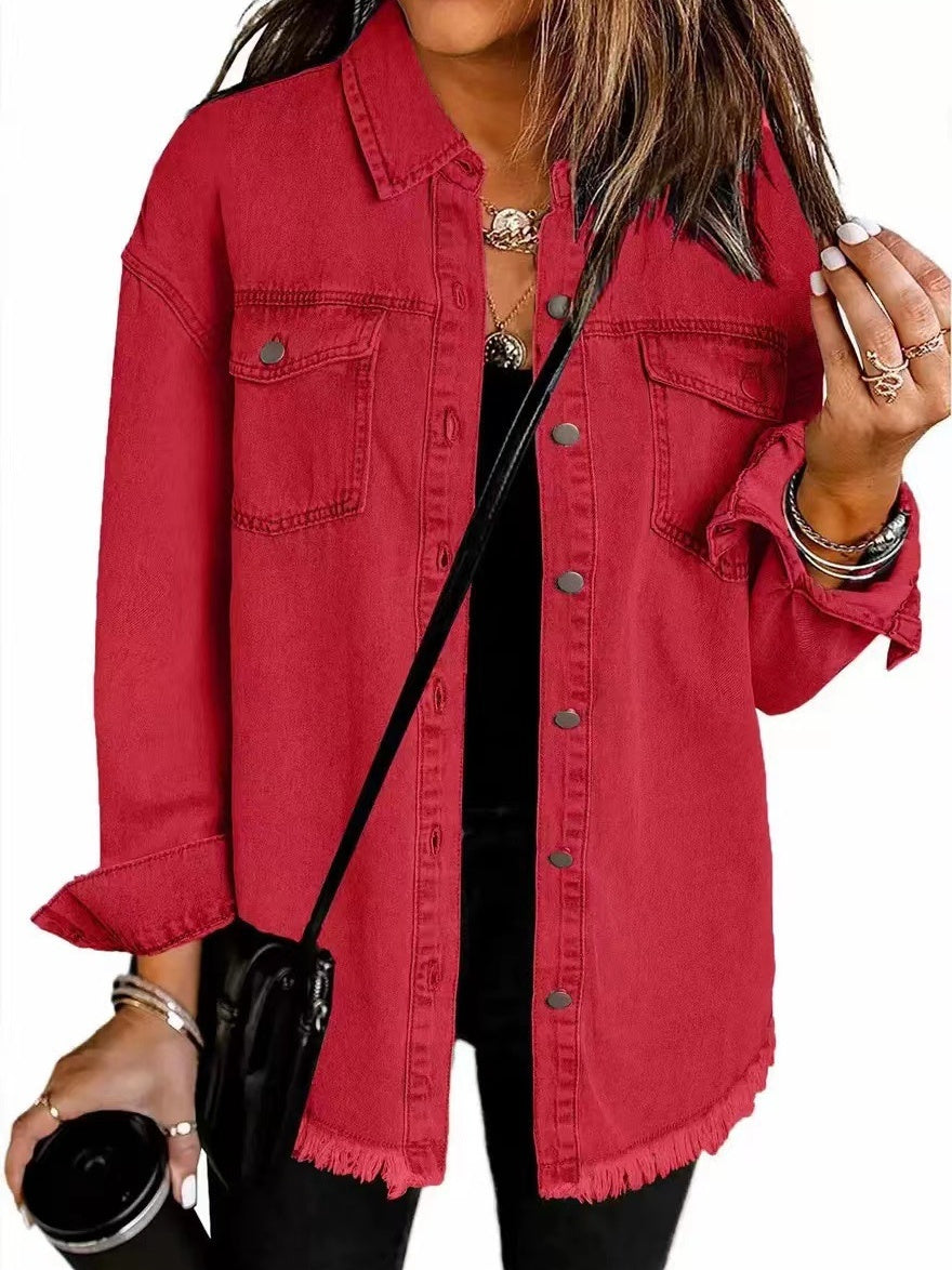 Denim Jacket With Frayed Pockets And Button Details