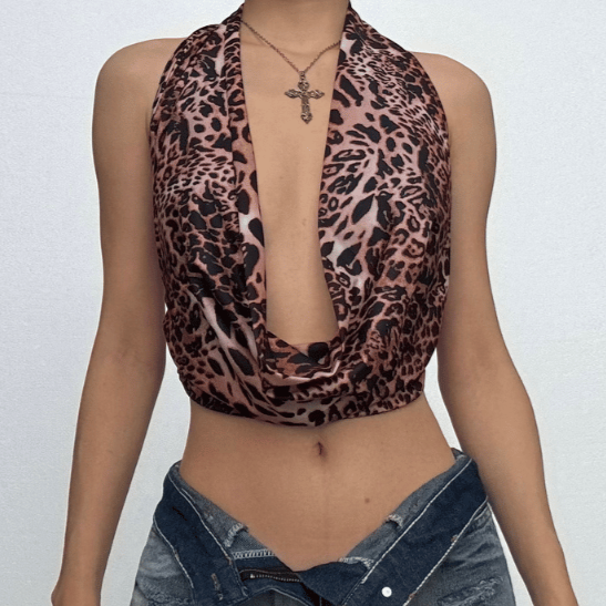 Halter cowl neck leopard print backless top