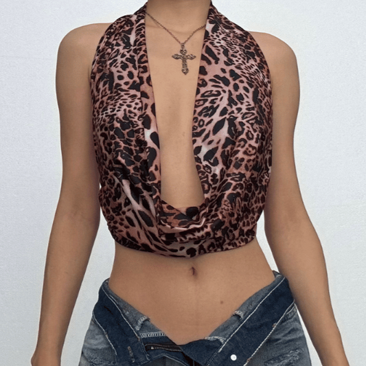 Halter cowl neck leopard print backless top