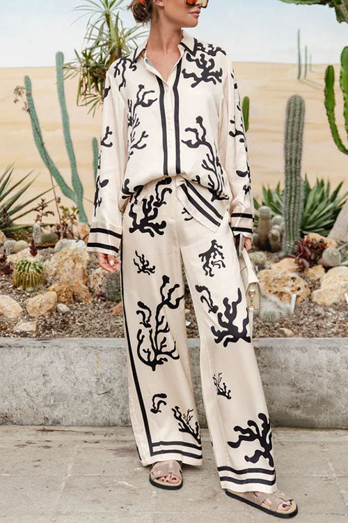 Meridress Long Sleeves Button Up Reef Print Satin Shirt