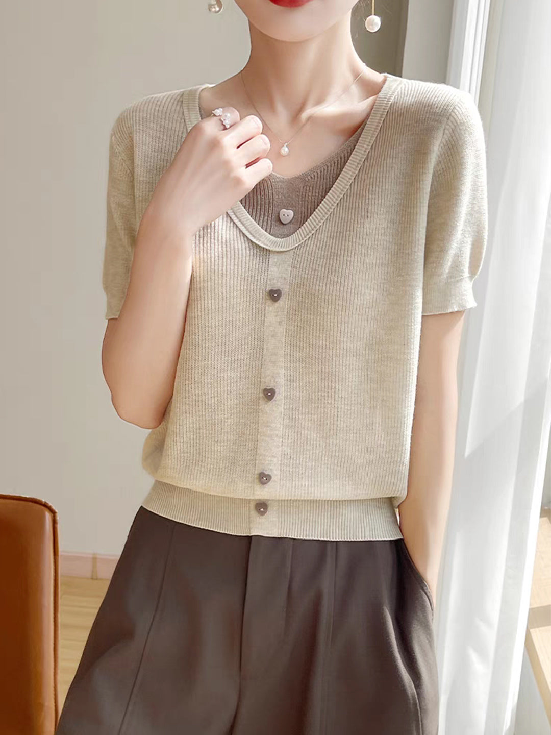 Angelina Casual V-neck Patchwork Knitted Top