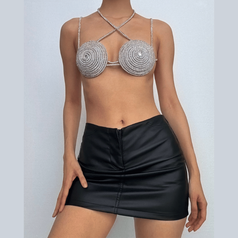 Halter beaded metal chain contrast bra top