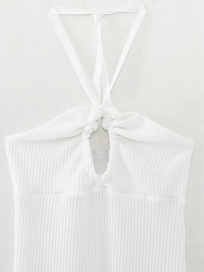 Halterneck Backless White Hollowout Ribbed Dress