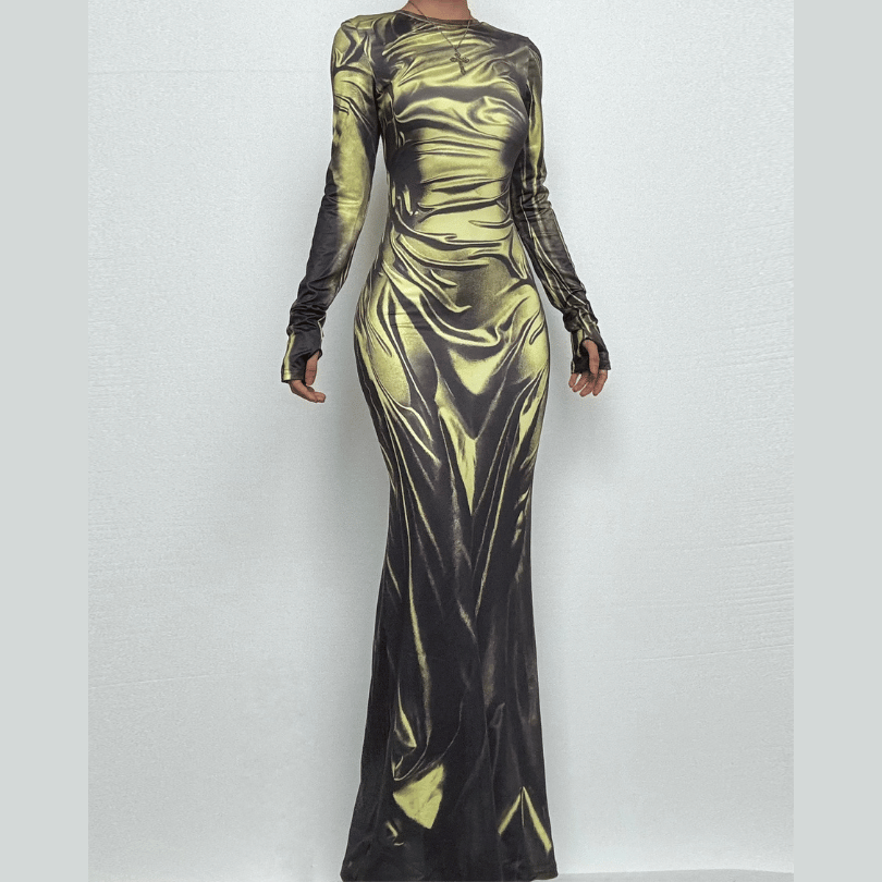 Long sleeve crewneck ruched print maxi dress