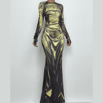 Long sleeve crewneck ruched print maxi dress