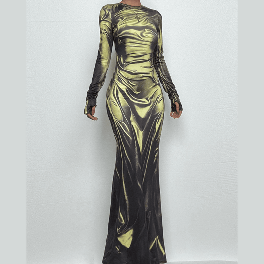 Long sleeve crewneck ruched print maxi dress