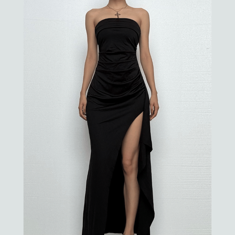 Ruched high slit irregular ruffle tube maxi dress