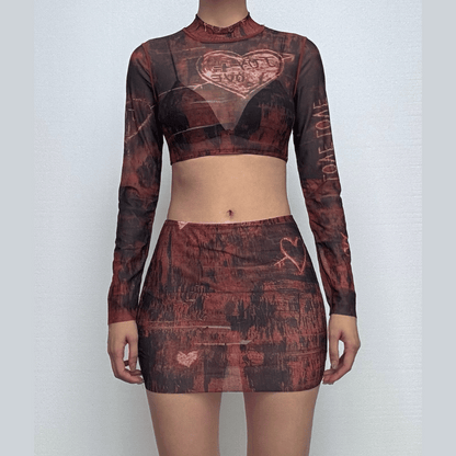 Long sleeve high neck print sheer mesh crop mini skirt set-final-sale