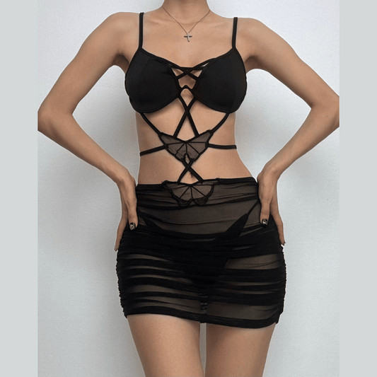 Cross front butterfly mesh hollow out cami cut out mini dress