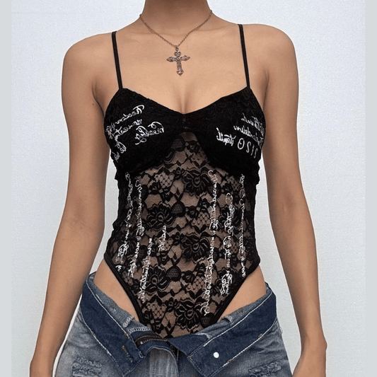 Lace v neck letter print button cami bodysuit