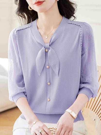 Lillian Loose V-Neck Puff Sleeve Bow Lace Knitted Top