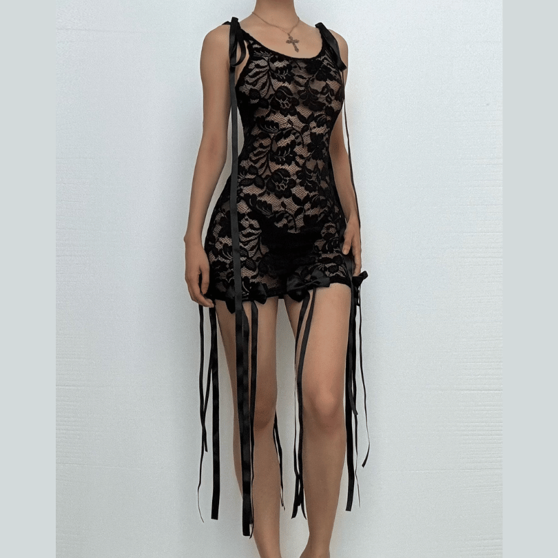 Sleeveless u neck lace bowknot knotted ribbon see through mini dress