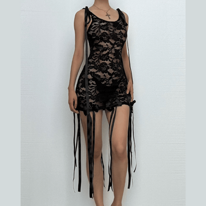 Sleeveless u neck lace bowknot knotted ribbon see through mini dress