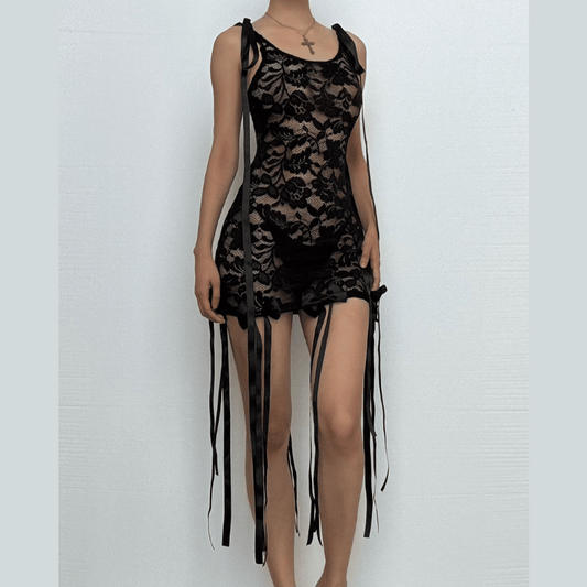 Sleeveless u neck lace bowknot knotted ribbon see through mini dress