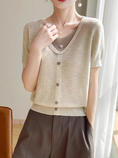 Angelina Casual V-neck Patchwork Knitted Top