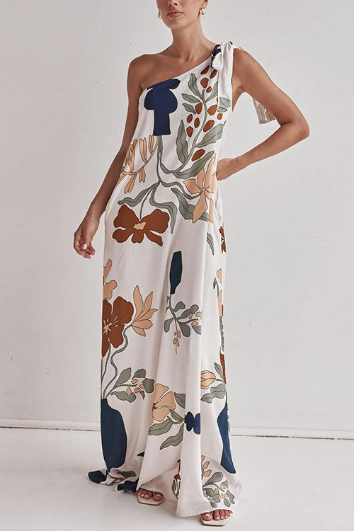 Tie Knot One Shoulder Floral Print Maxi Dress