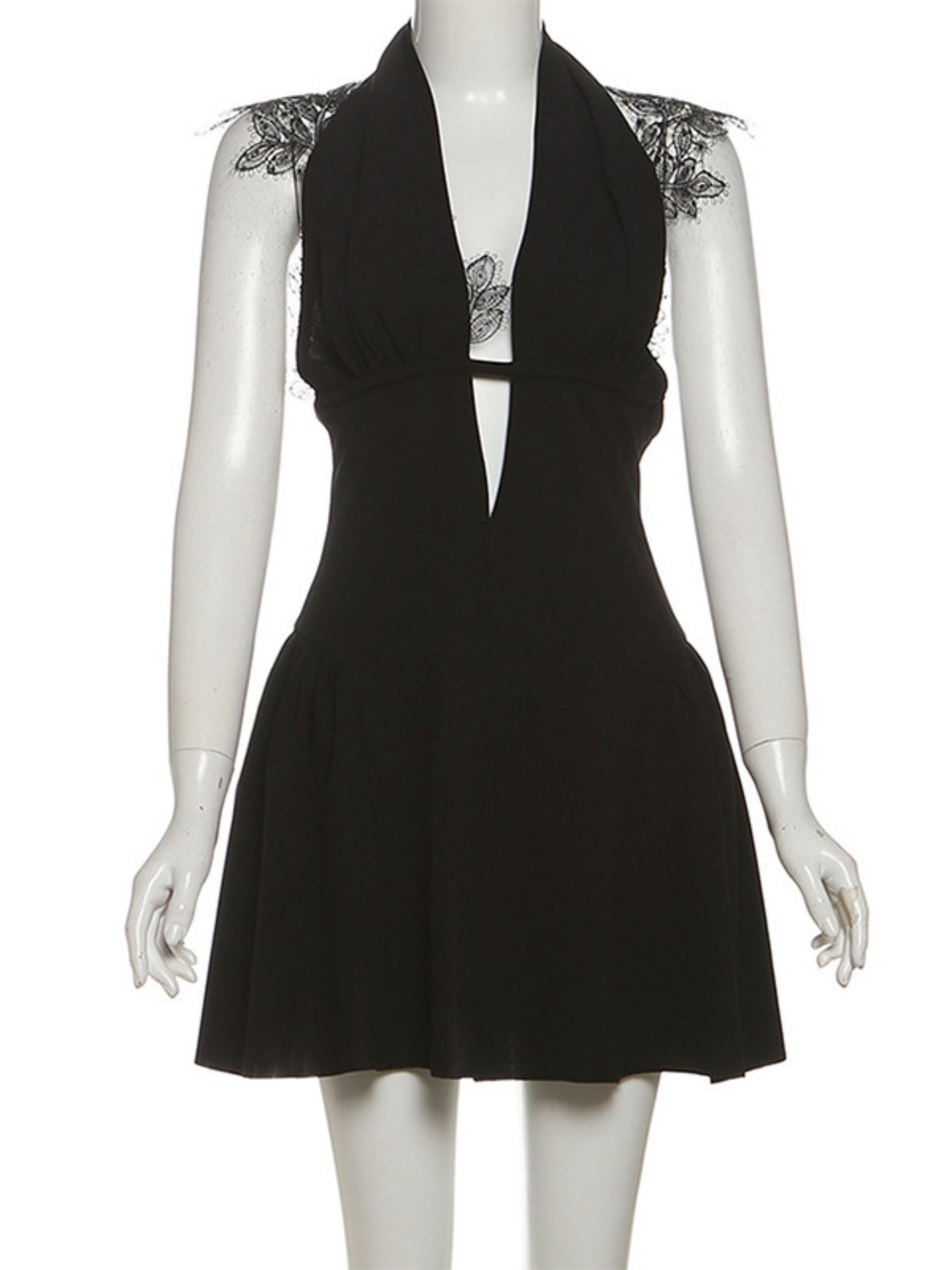 Lace Patchwork Halter Neck Deep V-neck Mini&Short Dresses