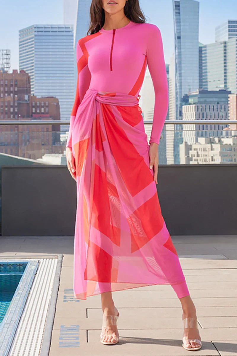 Colorblock Long Sleeve Surf Swimsuit Set