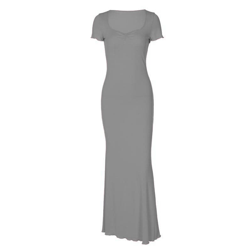 Short sleeve heart neck ruched ribbed solid maxi dress