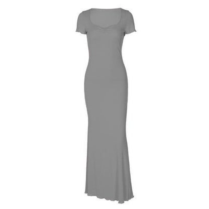 Short sleeve heart neck ruched ribbed solid maxi dress