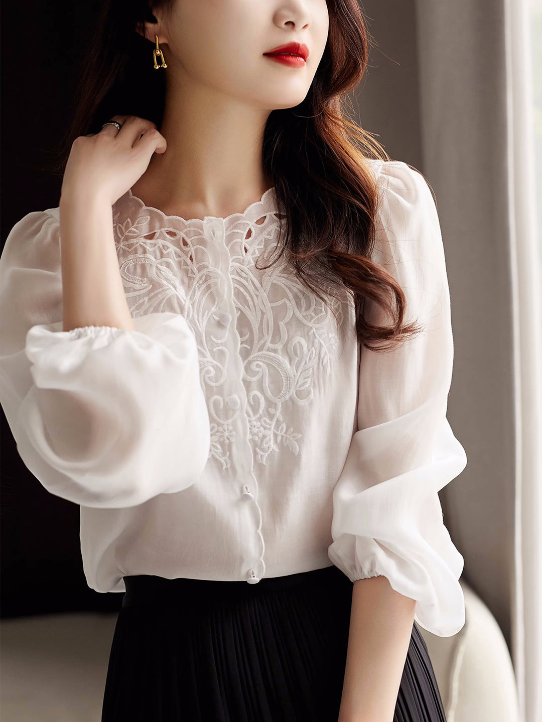 Jocelyn Elegant Embroidered Lantern Sleeve Shirt-Purple