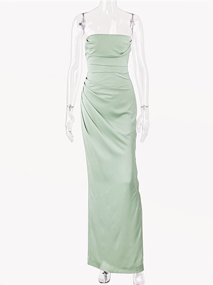 Ruched Satin Tube Top Split Maxi Dress