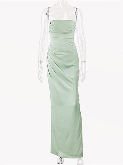 Ruched Satin Tube Top Split Maxi Dress