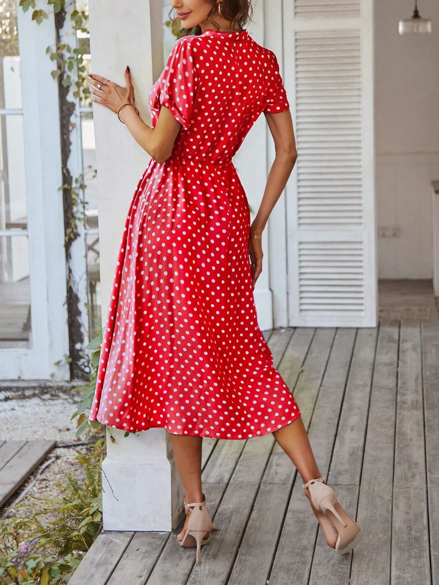 Polka Dots Polo Collar Waist Tie Short Sleeves Maxi Dresses