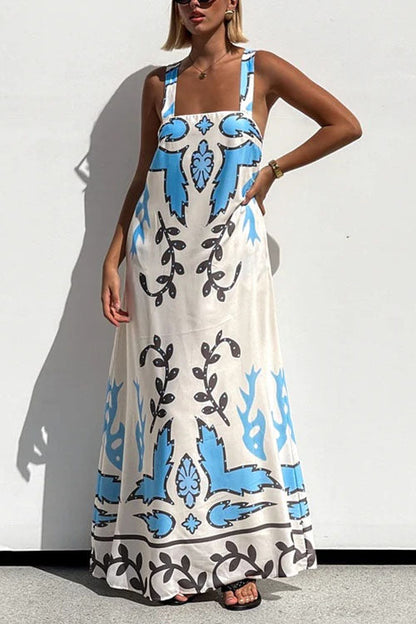 Square Neck Tie Knot Backless Printed Maxi Cami Dress