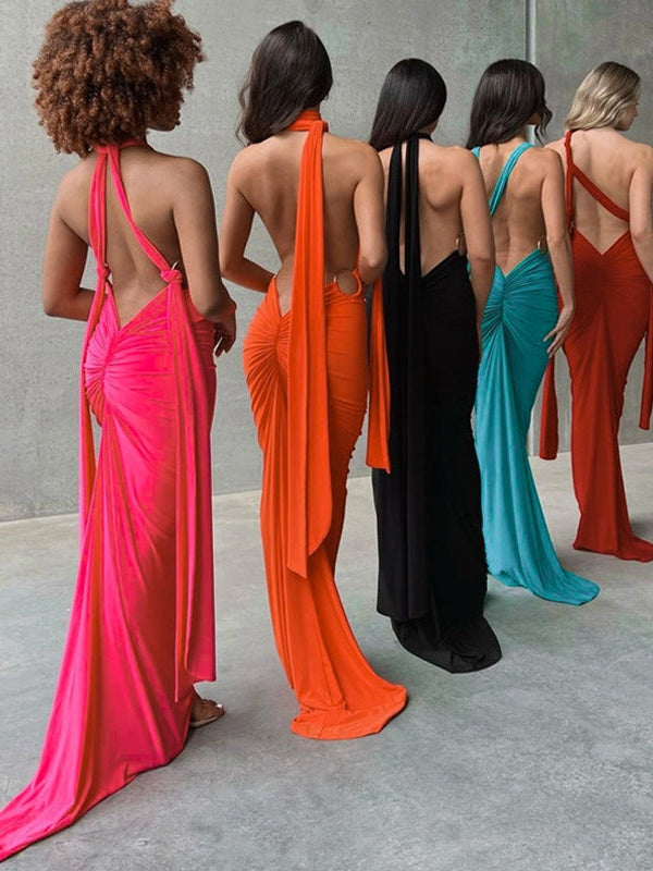 Deep V Neck Backless Hollow Out Maxi Dress