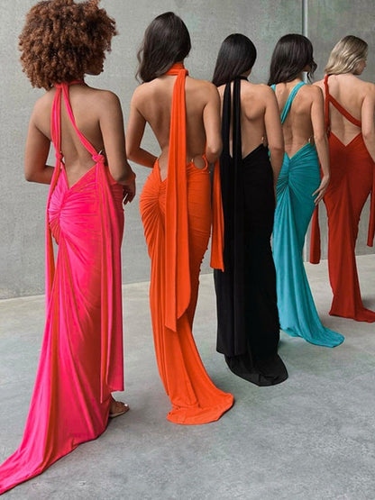Deep V Neck Backless Hollow Out Maxi Dress