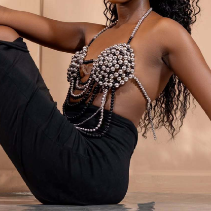 Beaded halter metal chain backless top