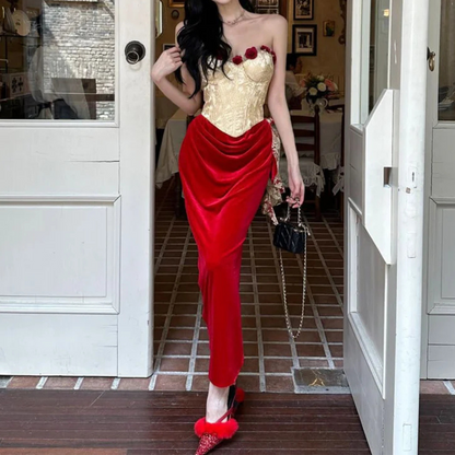 Sweetheart neck bustier flower applique contrast tube maxi dress