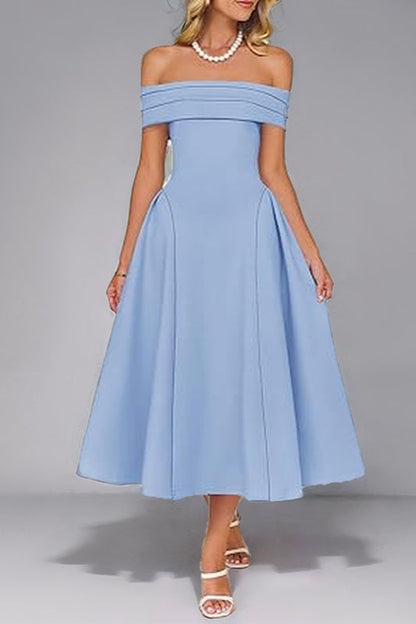 Off-Shoulder Waist-Cinched Solid Party Dress