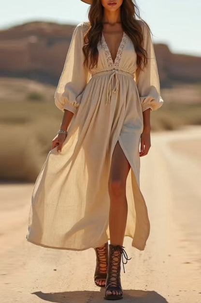 Solid Color Lace-trimmed V-neck Long-sleeved Slit Casual Maxi Dress