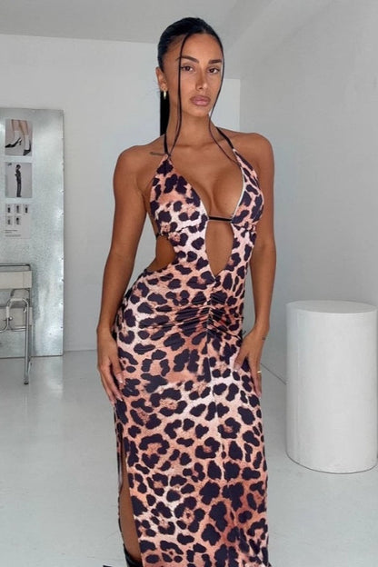 Sexy Leopard High Waist Backless Maxi Dress
