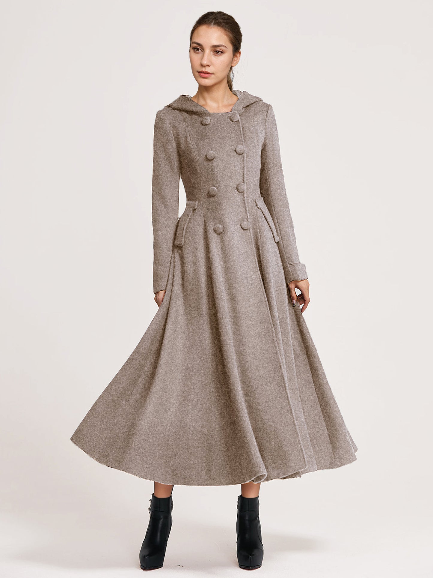Woolen Flared Coat With Hood Dark Navy Double-breasted Elegant A-line Winter Long Outerwear For Women 2026