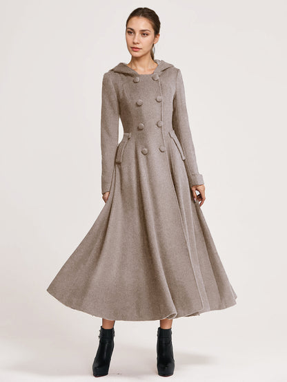 Woolen Flared Coat With Hood Dark Navy Double-breasted Elegant A-line Winter Long Outerwear For Women 2026