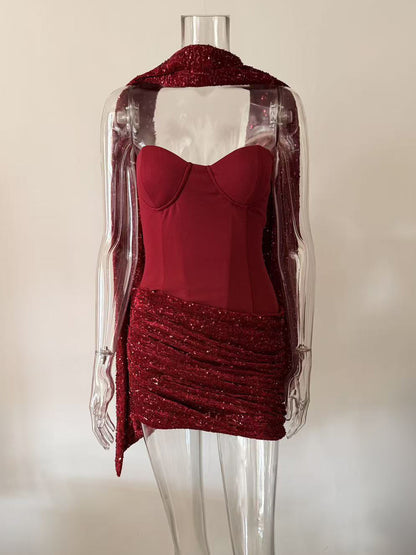 Sequin Corset Mini Party Dress With Scarf For Women 2026