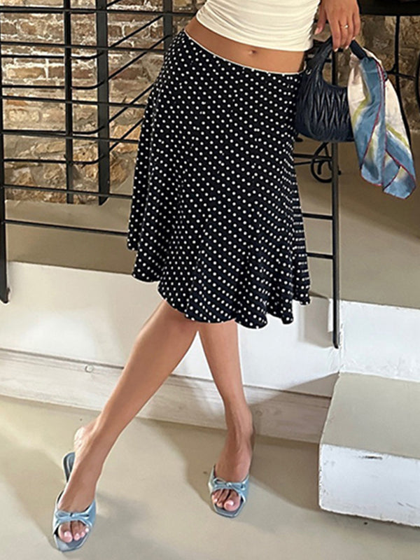 Black Vintage Polka Dot Ruffle Maxi Skirts